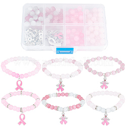 Sunnyclue 1 caja DIY 6 juegos de pulseras de concienciación sobre el cáncer de mama, paquete de cinta rosa, kit de fabricación de pulseras con cuentas, abalorio de esperanza para la salud, cuentas redondas de jade de imitación para kits de fabricación de joyas, manualidades para mujeres
