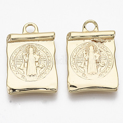 Brass Pendants, Nickel Free, Rectangle with Saint Benedict Medal, Real 18K Gold Plated, 25x16x2.5mm, Hole: 2.5mm