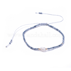 Adjustable Nylon Thread Braided Beads Bracelets, with Glass Seed Beads and Grade A Natural Freshwater Pearls, Steel Blue, 2-1/8 inch(5.3cm)