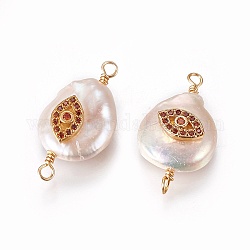 Connecteurs de liens de perles naturelles, avec les accessoires de zircone et en laiton cubes, plat rond avec des yeux, or, rouge-orange, 19~23x10~12x6~9mm, Trou: 1.6mm