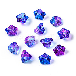 Perles de verre peintes par pulvérisation transparentes deux tons, fleur, bleu, 10x10x7mm, Trou: 1.2mm