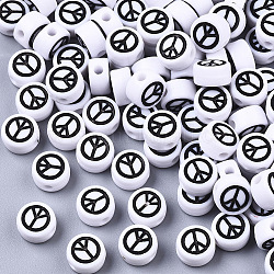 Opaque Acrylic Beads, with Enamel, Flat Round with Peace Sign, Black, White, 7x4mm, Hole: 1.6mm, about 730pcs/100g