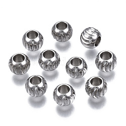 201 Stainless Steel Corrugated Beads, Round, Stainless Steel Color, 8x6mm, Hole: 3.6mm