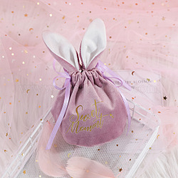 Sacs en velours à cordon, avec l'oreille de lapin, sac cadeau imprimé sweet moment, sacs de bonbons de célébration de mariage, violet, 17x10x13 cm