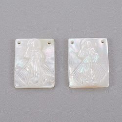 Pendentifs en nacre blanche naturelle, rectangle avec vierge marie, 15.8x12x2.3mm, Trou: 0.9mm