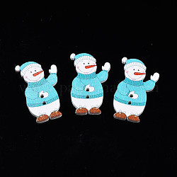 Boutons de Noël en bois d'érable peints à la bombe à 2 trou, imprimé sur une seule face, bonhomme de neige, turquoise moyen, 35x21.5x2mm, Trou: 1.8mm