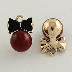Light Gold Tone Metal Alloy Enamel Bowknot Pendants, with Resin Round Cabochons, Dark Red, 20x14.5x13mm, Hole: 2.5mm