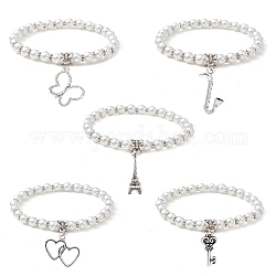 Perles de verre bracelets en perles extensibles, avec l'alliage breloque, formes mixtes, diamètre intérieur: 2-1/2 pouce (6.2 cm), pendentif: 17.5~27x8~23 mm