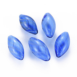 Perles de globe en verre soufflé à la main transparent, avec de la poudre de paillettes, rayure, riz, Dodger bleu, 25~27x12~13mm, Trou: 1~2mm