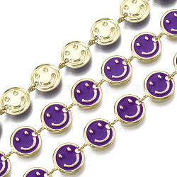 Brass Flat Round with Smiling Face Link Chains, with Enamel, Unwelded, Real 16K Gold Plated, Indigo, 11x8x1mm