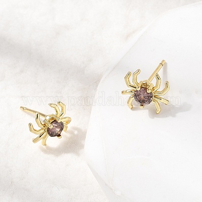 Серьги-гвоздики из латуни с микропаве из кубических цирконий в форме паука EJEW-L306-04G-02-1