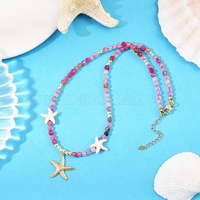 Женские подвески в виде морских звезд из синтетической бирюзы и окрашенного натурального агата с круглыми бусинами NJEW-JN05458-01-1