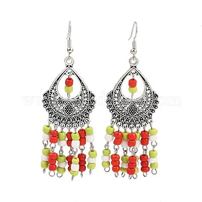 Серьги-люстры из сплава стеклянных бусин в форме слезы EJEW-JE06509-01-1