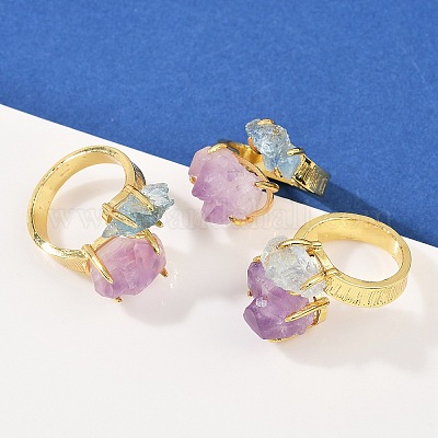 Кольца-манжеты с натуральным аметистом и аквамарином RJEW-K286-12G-02-1