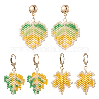 Комплекты из серег-колец и серег-гвоздиков из нержавеющей стали 304 с бусинами из стекла и листьев EJEW-MZ00536-1