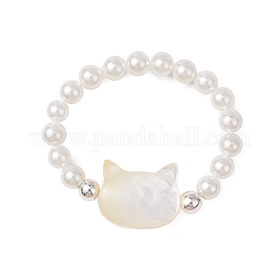 Кольца для пальцев в форме кошки из натуральной белой ракушки с бусинами RJEW-TA00175-1