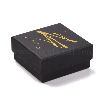 ホットスタンピング板紙ジュエリー包装箱  内部のスポンジ  リング用  小さな時計  ネックレス  イヤリング  ブレスレット  正方形  ブラック  7.5x7.5x3.5cm CON-B007-01B-1