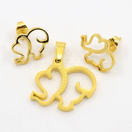 304 éléphant en acier inoxydable les bijoux des femmes définit pendentifs et boucles d'oreille SJEW-L030-C23G-1