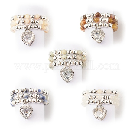 3 pz 3 stile naturale gemma e ematite sintetica anelli di barretta con ciondoli a cuore in zirconi chiari per le donne RJEW-JR00472-1