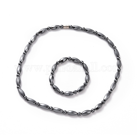 Rettangolo di torsione in ematite sintetica e bracciale elasticizzato con perline rotonde e collana di perline con chiusura magnetica G-C006-06-1