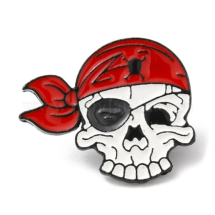 ハロウィンテーマのエナメルピン  バックパックの衣類用の黒の亜鉛合金ブローチ  頭蓋骨の海賊  27x32x1.5mm JEWB-Z013-02B-EB-1