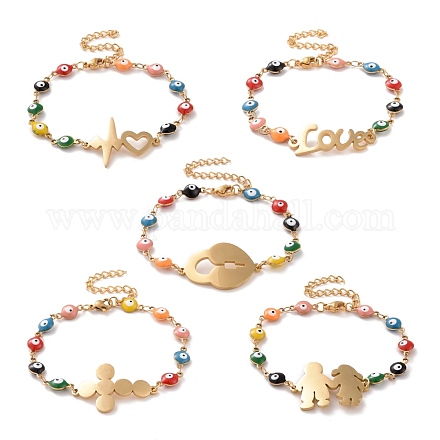 Placage sous vide 304 bracelet à maillons en acier inoxydable avec des chaînes de mauvais œil en émail coloré pour les femmes BJEW-B062-07G-1