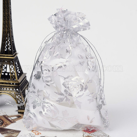 ローズプリントオーガンジーバッグ巾着袋  ギフトバッグ  長方形  ホワイト  14~15x10cm OP-R021-10x15-03-1