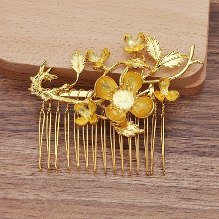 鉄の髪の櫛のカボションのセッティング  合金の花で  ゴールドカラー  62x77x10mm OHAR-PW0001-422G-1