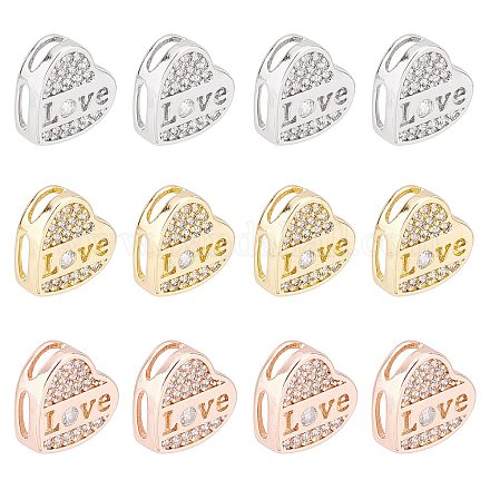 SUPERFINDINGS 12Pcs 3 Colors Brass Rhinestone Heart Charm 10.5x10mm Micro Pave Clear Cubic Zirconia Slide Charms Love Heart CZ Stones Spacer Charm for Bracelets Jewelry Making KK-FH0002-83-1