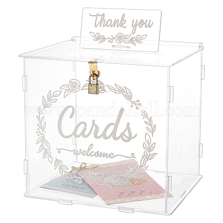 鉄ロック付き長方形アクリル製ウェディング カード ボックス  受付用ウェディングカードホルダーケース  パーティーの装飾のための結婚式の貯金箱  透明  25.5x21.5x32cm CON-WH0089-24-1