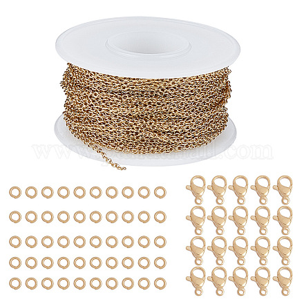 SUNNYCLUE 10m/roll Gold Stainless Steel Curb Cable Chains Link Spool Bulk Necklace Width 2mm with 20 Lobster Clasps and 50 Jump Rings for Jewelry Bracelet Necklace Pendant Making DIY-SC0001-07G-1
