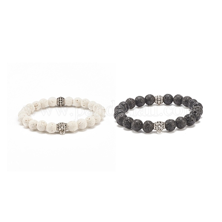 2 pièces 2 couleurs pierre de lave naturelle ronde perlée bracelets extensibles sertis de fleur en alliage BJEW-JB08024-1