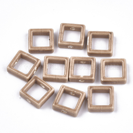 手作り磁器ビーズフレーム  光沢釉の磁器  正方形  淡い茶色  15.5~16x15.5x5.5mm  穴：2mm X-PORC-S499-20O-1