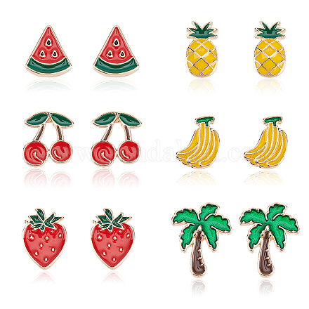 ANATTASOUL 6 Pair 6 Style Watermelon & Cherry & Banana & Tree Enamel Stud Earrings Set EJEW-AN0001-34-1