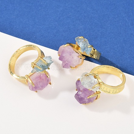 Кольца-манжеты с натуральным аметистом и аквамарином RJEW-K286-12G-02-1