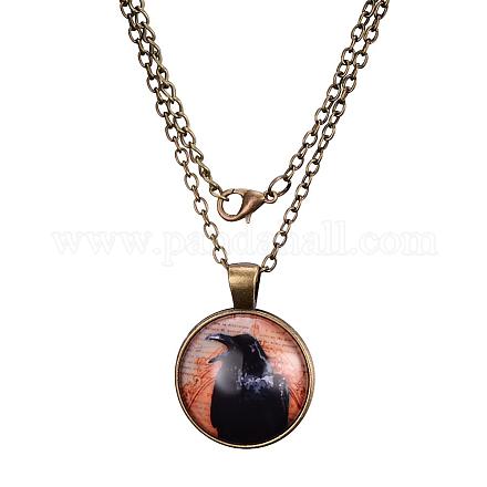 Flat Round with Halloween Raven/Crow Glass Alloy Pendant Necklaces X-NJEW-N0051-053D-01-1