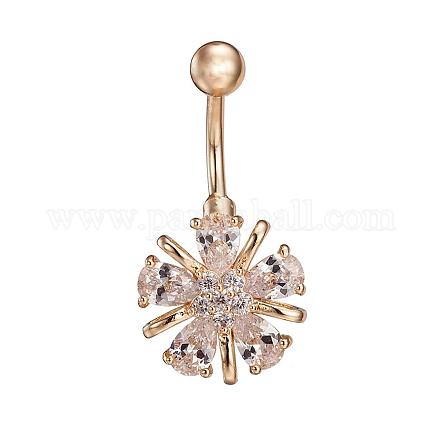 Piercing Jewelry Real 18K Gold Plated Brass Rhinestone Flower Navel Ring Belly Rings AJEW-EE0001-52A-1
