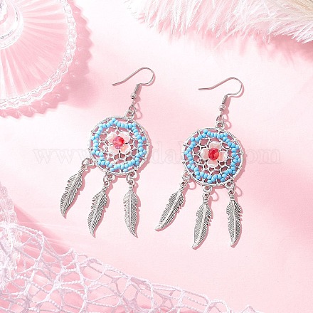 Плоские круглые с перьями стеклянные бусины ручной работы серьги-люстры EJEW-MZ00473-04-1