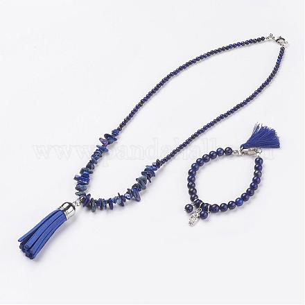 Lapis Lazuli Beads Necklaces and Bracelets Jewelry Sets SJEW-JS00906-03-1