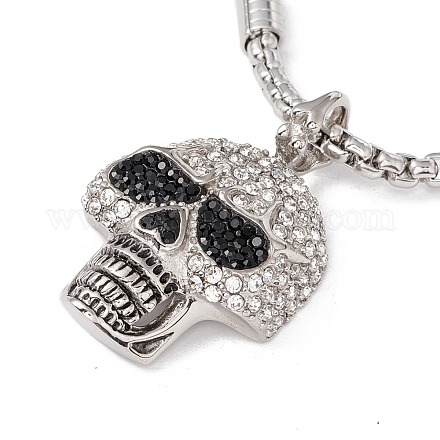 Ожерелье с подвеской в виде черепа со стразами и бусинами из натурального черного агата NJEW-B083-01-1