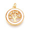 Brass Micro Pave Clear Cubic Zirconia Pendants, with Shell, Flat Round with Tree, with Jump Ring, Real 18K Gold Plated, 21x18x3mm, Hole: 3.5mm
