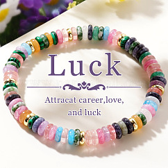 Pulseras elásticas para mujer con piedras preciosas naturales mixtas y cuentas de latón., plano y redondo, 6.89 pulgada (17.5 cm), grano: 6x1.5~2 mm