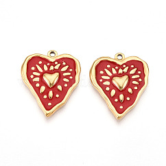 Pendentifs en acier inoxydable 304, avec l'émail, breloques de coeur, placage ionique (ip), véritable 18k plaqué or, rouge, 25.5x21x3mm, Trou: 1.6~1.8mm