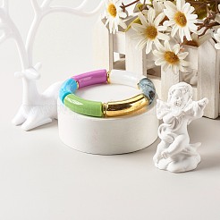 分厚いカーブチューブビーズストレッチブレスレット  ccbプラスチック＆アクリル天然石風用原石ブレスレット  ブルー  内径：2-1/8インチ（5.5cm）&nbsp;BJEW-JB06683-01
