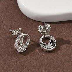Плоские круглые серьги-гвоздики с оленями из латуни с микропаве из прозрачных кубических цирконий EJEW-F383-11P