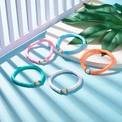 Bracciali elastici in pietra lavica naturale e argilla polimerica fatti a mano con perline heishi&nbsp;BJEW-JB07510