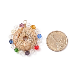 天然石ピクチャージャスパーペンダント  ドーナツ/パイディスクチャーム  カラフルなガラスビーズと本物の 18k 金メッキの銅線を巻き付けたもの  44x41x6.5mm  穴：3mm&nbsp;PALLOY-JF01755-05