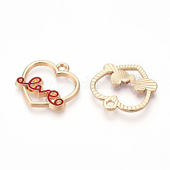ライトゴールドメッキ合金チャーム  エナメル  単語「love」付けのハート  レッド  18.5x18.5x2mm  穴：1.6mm&nbsp;ENAM-T009-15B