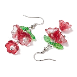 花のアクリルとガラスのダングルイヤリング  真鍮製のピアスフック付き  プラチナ  ミックスカラー  46x19mm&nbsp;EJEW-JE06193