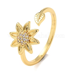 女性用真鍮マイクロパヴェキュービックジルコニアカフオープンリング  花  ゴールドカラー  10.5mm  内径：17mm&nbsp;RJEW-K261-12G